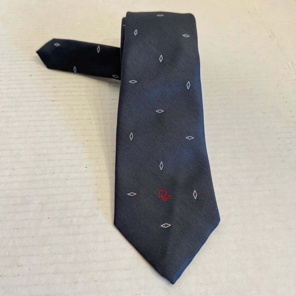 Vintage Christian DIOR Designer Neck Tie Striped Gray Diamonds Business Preppy